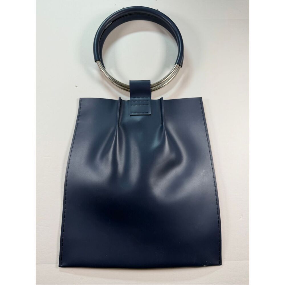 KLISAB Blue Leather Ring Handle Tote Bag Minimalist Top Handle Purse Handmade - Picture 2 of 13